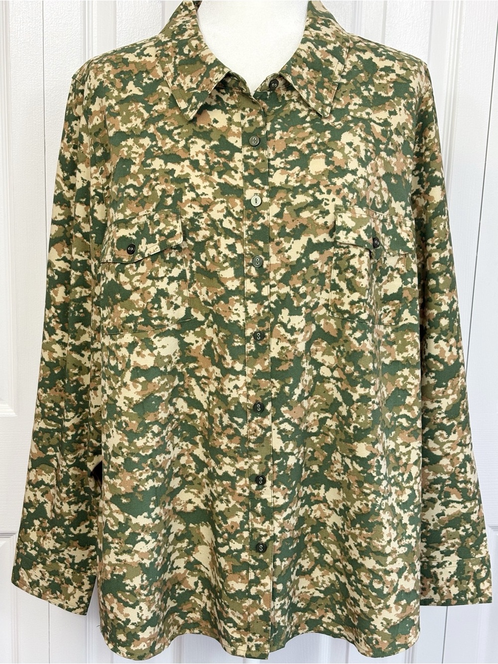 Denim & Co. Green Brown Multi Abstract Camo Long Sleeve Button Up Shirt XL
